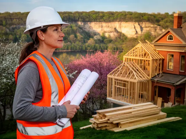 Builder in a white hard hat and orange vest holding rolled plans beside a Victorian house addition above river bluffs