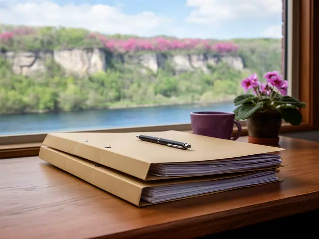 Stack of closed kraft folders with a pen on a desk by a window onto limestone bluffs, redbuds and the river