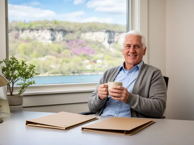 Smiling accountant with white hair in a gray cardigan holding a mug at a desk, river bluffs outside