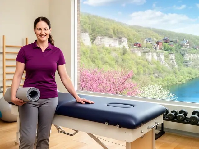 Smiling therapist in a plum polo with a rolled mat beside a treatment table, river bluffs outside