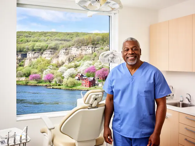 Smiling dentist in blue scrubs beside an empty dental chair, bluffs and redbuds outside
