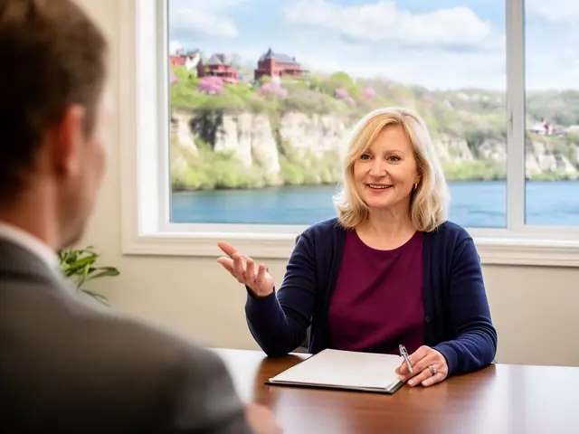 Smiling insurance agent in a plum top talking with a client across a desk, river bluffs outside
