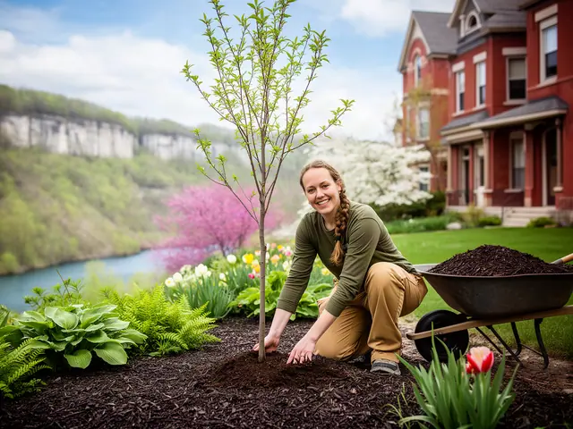Smiling landscaper planting a young tree in fresh mulch in front of a red-brick Victorian house