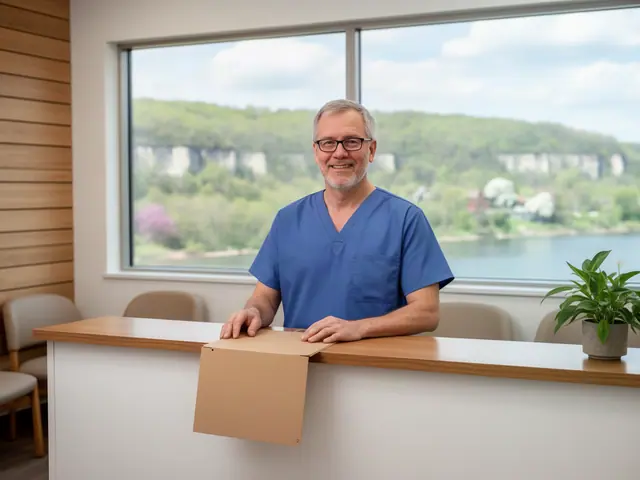 Smiling clinic worker with glasses in blue scrubs at a reception counter with a folder, river bluffs outside