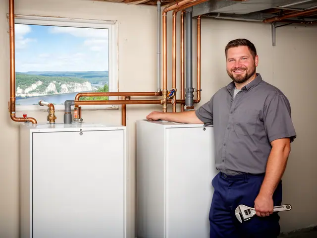 Smiling plumber holding a pipe wrench beside newly installed heating units with copper pipework