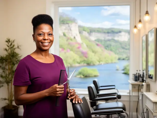 Smiling stylist in a plum top holding a comb and scissors beside a styling chair, river bluffs outside